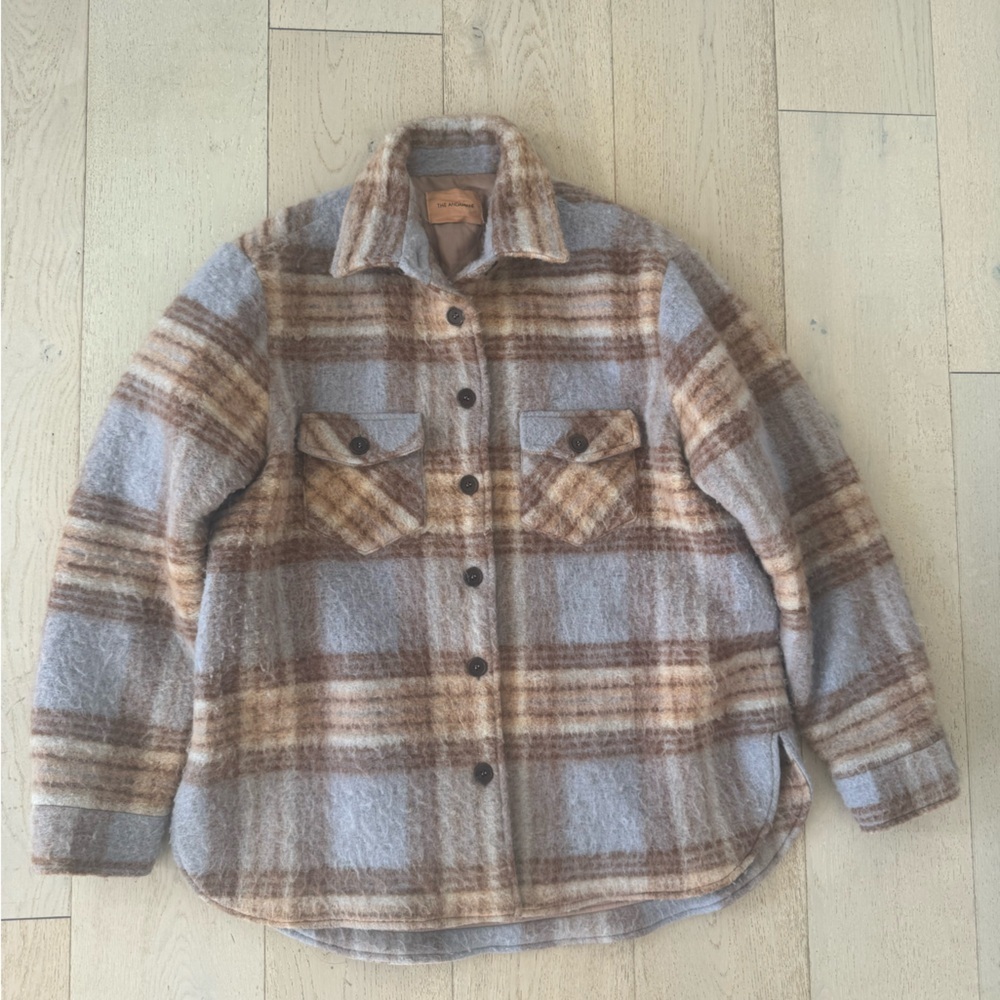 THE ANDAMANE Evita Wool Blend Check Plaid Shirt Jacket in Blue Multi Size L